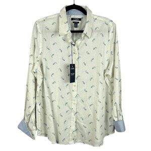 Chaps No Iron Ditsy Floral Long Sleeve Flip Cuffs Button Down Shirt XL White NWT